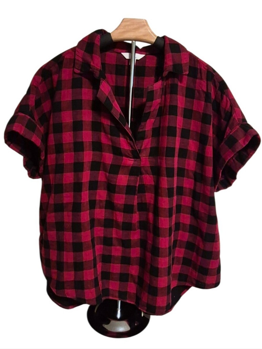 Comfy Chic Roll-Sleeve Popover Buffalo Plaid Top - Size Large